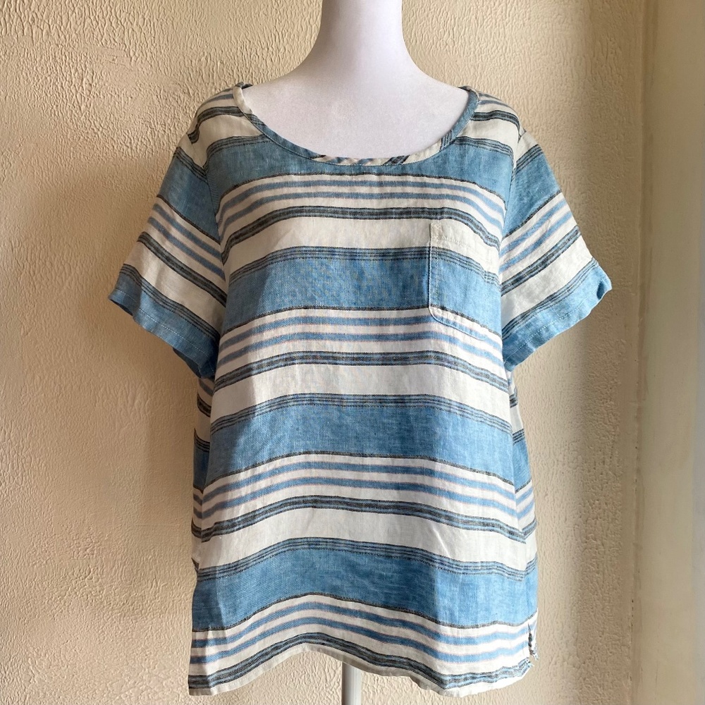NWT C & C California blue, white, charcoal & pink striped linen t-shirt Sz L